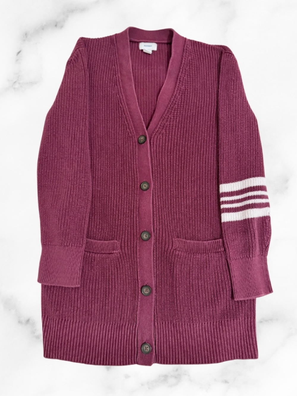 Girls Old Navy Maroon Cardigan with White Stripes on Left Sleeve